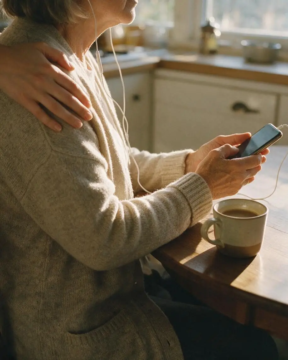 Morning in a kitchen: an older woman listens to a song on her phone, a hand resting on her shoulder.